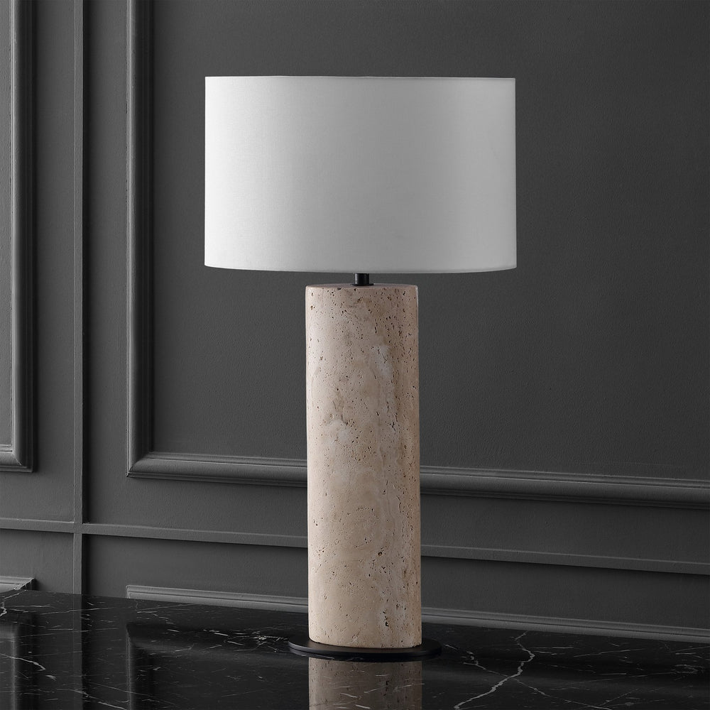 Safavieh Jillianna Round Travertine Table Lamp — Natural Stone Base, Iron Accents & White Shade For Warm Ambient Lighting And Timeless Modern Style CTL1095A