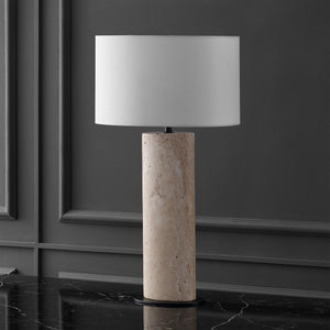 Safavieh Jillianna Round Travertine Table Lamp — Natural Stone Base, Iron Accents & White Shade For Warm Ambient Lighting And Timeless Modern Style CTL1095A