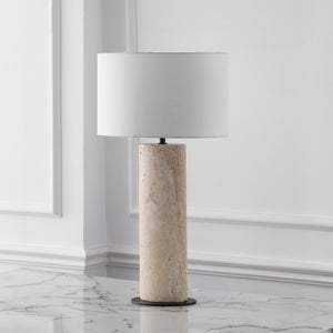 Safavieh Jillianna Round Travertine Table Lamp — Natural Stone Base, Iron Accents & White Shade For Warm Ambient Lighting And Timeless Modern Style CTL1095A