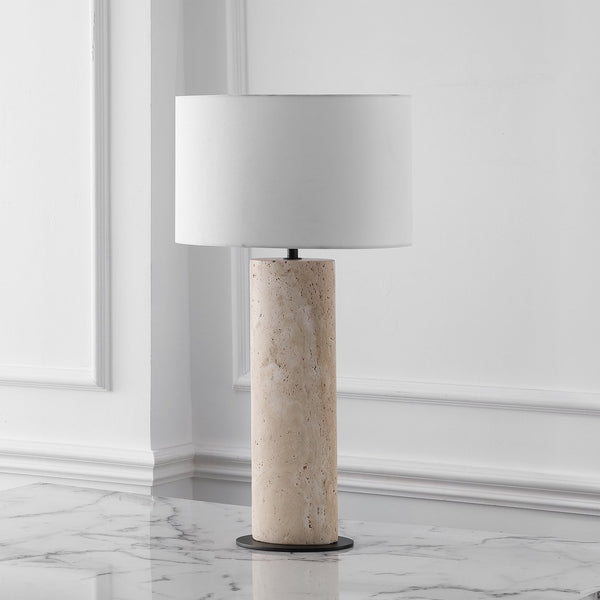 Safavieh Jillianna Round Travertine Table Lamp — Natural Stone Base, Iron Accents & White Shade For Warm Ambient Lighting And Timeless Modern Style CTL1095A