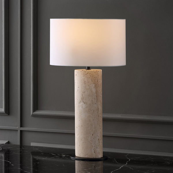 Safavieh Jillianna Round Travertine Table Lamp — Natural Stone Base, Iron Accents & White Shade For Warm Ambient Lighting And Timeless Modern Style CTL1095A