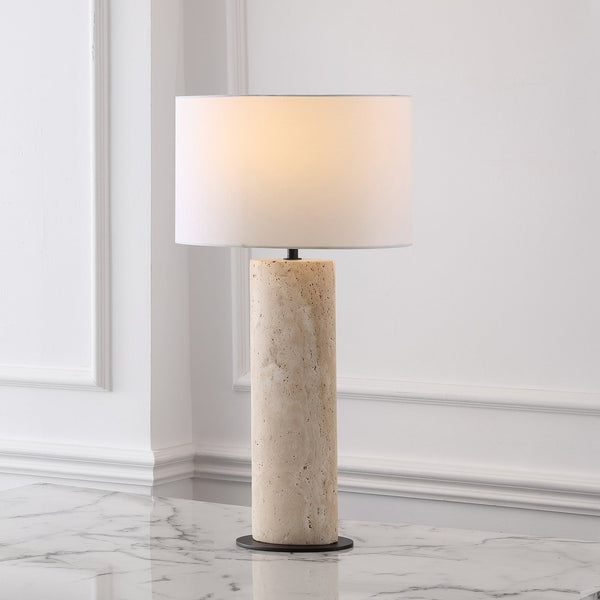 Safavieh Jillianna Round Travertine Table Lamp — Natural Stone Base, Iron Accents & White Shade For Warm Ambient Lighting And Timeless Modern Style CTL1095A