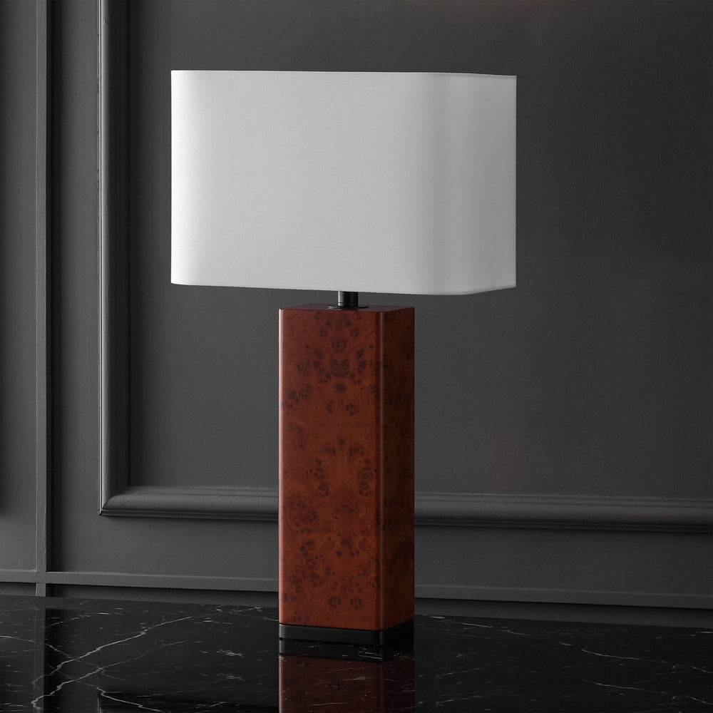 Safavieh Elsee Burl Wood Table Lamp - Walnut Elegance With White Shade For Cozy Ambiance & Modern Decor Walnut Burl ,White Wood ,Iron ,Shade Ctl1100a