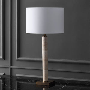 Safavieh Elinora Travertine Stone Base Table Lamp with Brass Hardware and Soft White Shade CTL1113A