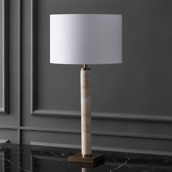 Safavieh Elinora Travertine Stone Base Table Lamp with Brass Hardware and Soft White Shade CTL1113A