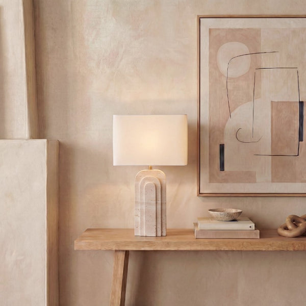 Safavieh Rodrick Natural Travertine Stone Table Lamp with Brass Hardware and White Fabric Shade CTL1114A