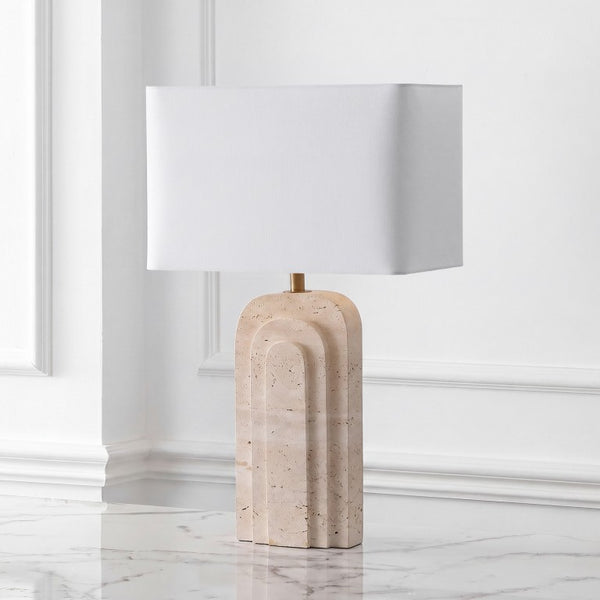 Safavieh Rodrick Natural Travertine Stone Table Lamp with Brass Hardware and White Fabric Shade CTL1114A