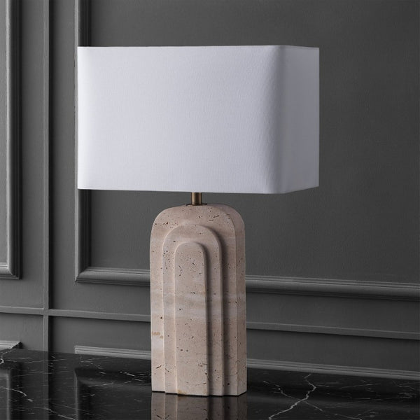 Safavieh Rodrick Natural Travertine Stone Table Lamp with Brass Hardware and White Fabric Shade CTL1114A