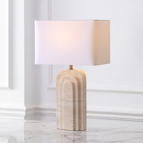 Safavieh Rodrick Natural Travertine Stone Table Lamp with Brass Hardware and White Fabric Shade CTL1114A