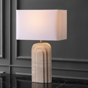 Safavieh Rodrick Natural Travertine Stone Table Lamp with Brass Hardware and White Fabric Shade CTL1114A