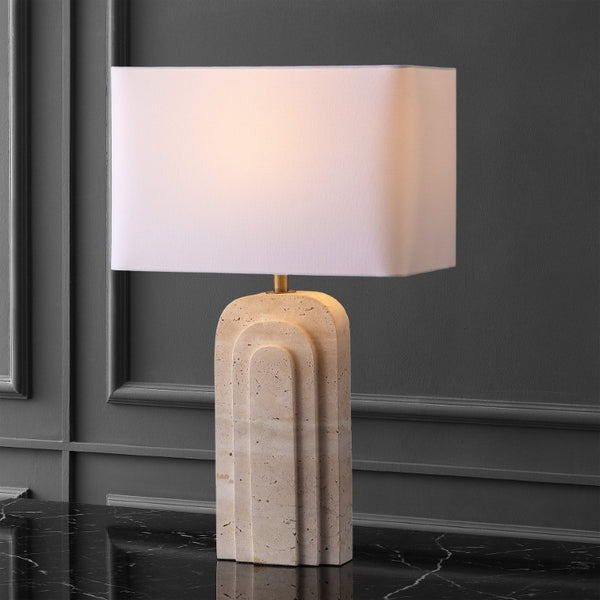 Safavieh Rodrick Natural Travertine Stone Table Lamp with Brass Hardware and White Fabric Shade CTL1114A
