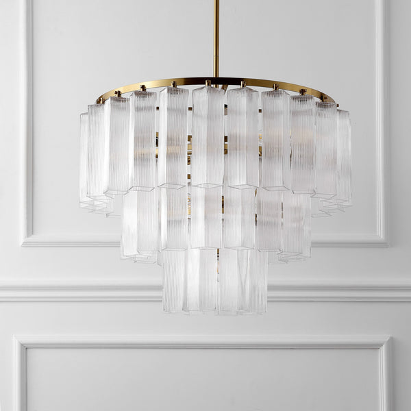 Safavieh Kelcie Tiered Glass Chandelier With Polished Gold Accents — Sculptural Clear Glass Tiers, Layered Glow CTL1121A