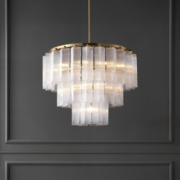 Safavieh Kelcie Tiered Glass Chandelier With Polished Gold Accents — Sculptural Clear Glass Tiers, Layered Glow CTL1121A