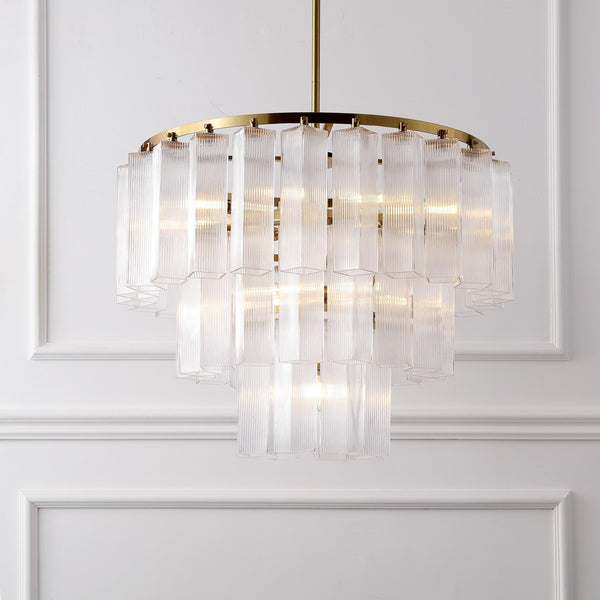Safavieh Kelcie Tiered Glass Chandelier With Polished Gold Accents — Sculptural Clear Glass Tiers, Layered Glow CTL1121A