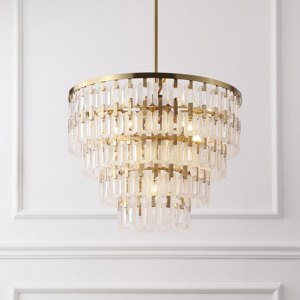 Safavieh Queenie Tiered Glass Chandelier With Gold Iron Finish — Cascading Clear Tiers For Warm Elegant Glow CTL1122A