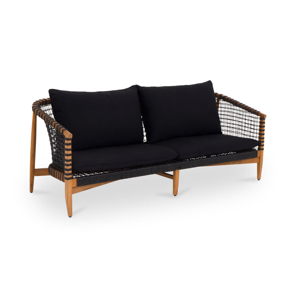 Moe's Home Kuna Outdoor Sofa – Elegant Teak Frame With Lloyd Loom Weave And Removable Cushions For Comfort Black Solid Teak Frame With Lloyd Loom Weave,100% Polyester Upholstery Cv-1027-02