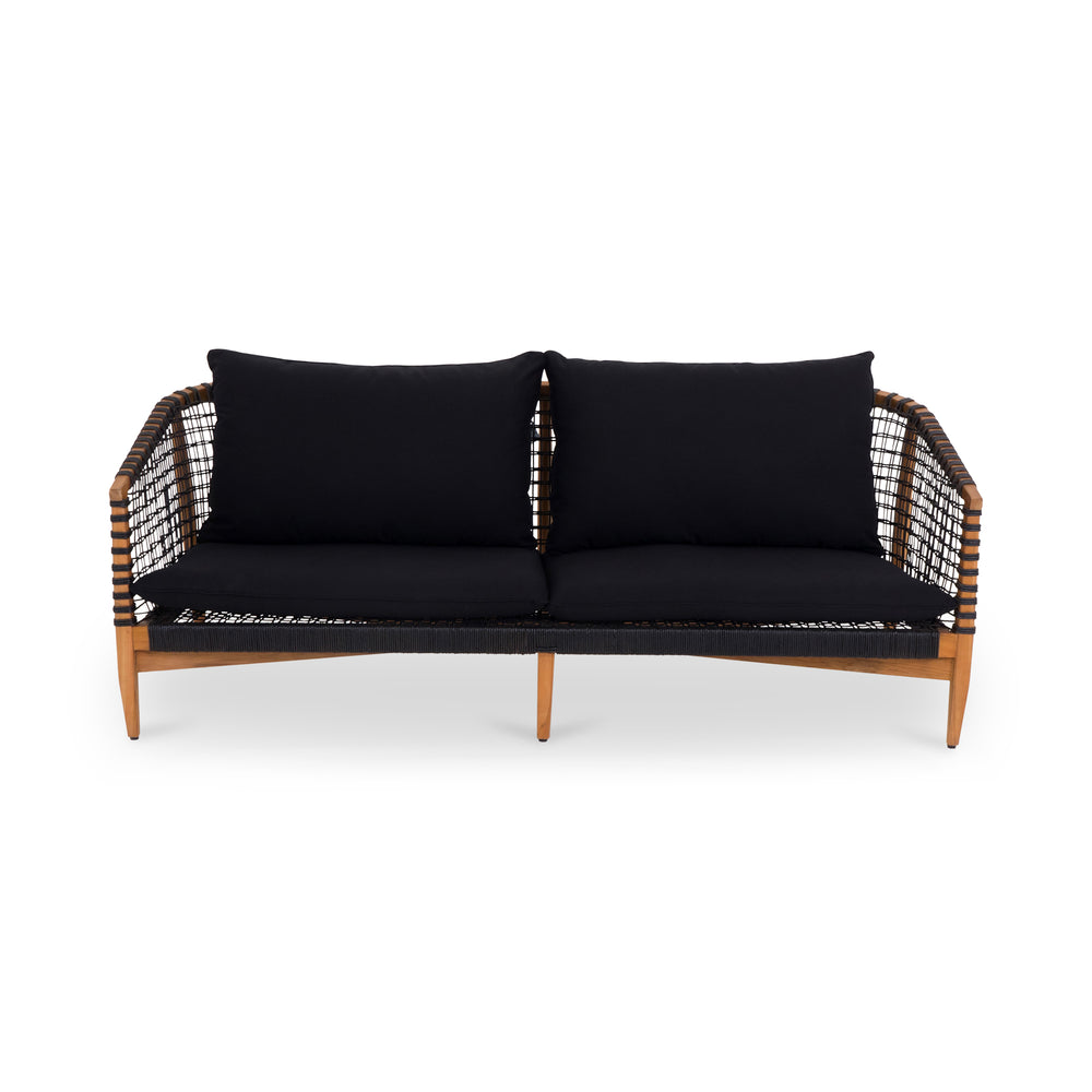 Moe's Home Kuna Outdoor Sofa – Elegant Teak Frame With Lloyd Loom Weave And Removable Cushions For Comfort Black Solid Teak Frame With Lloyd Loom Weave,100% Polyester Upholstery Cv-1027-02