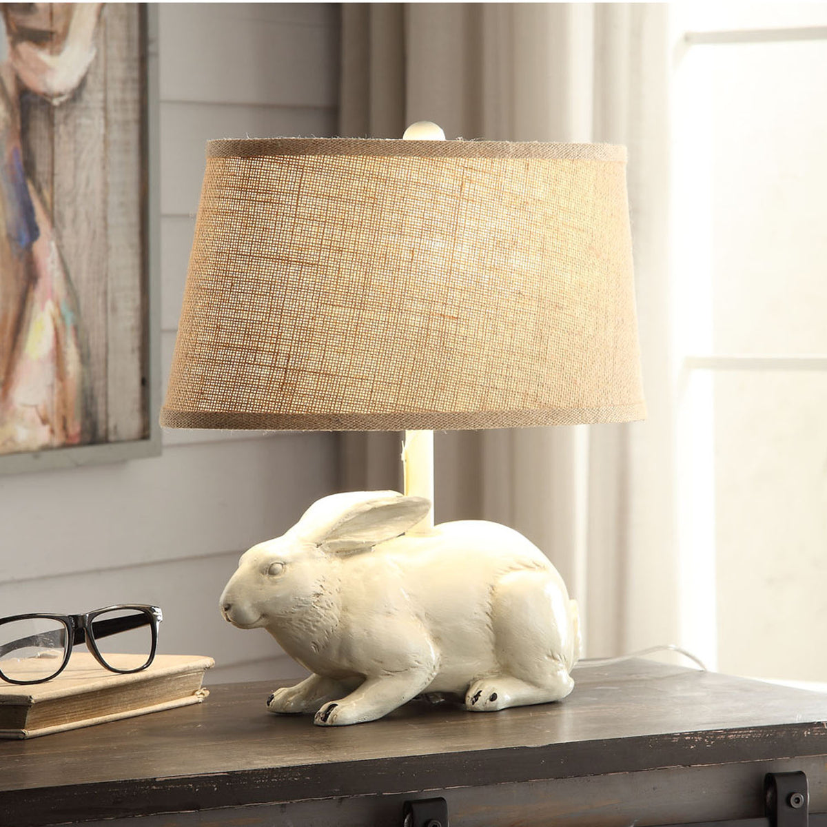 Large Rabbit Table Lamp Rabbit Table Lamp Set - Charming Resin Rabbits with Natural Fiber Shad