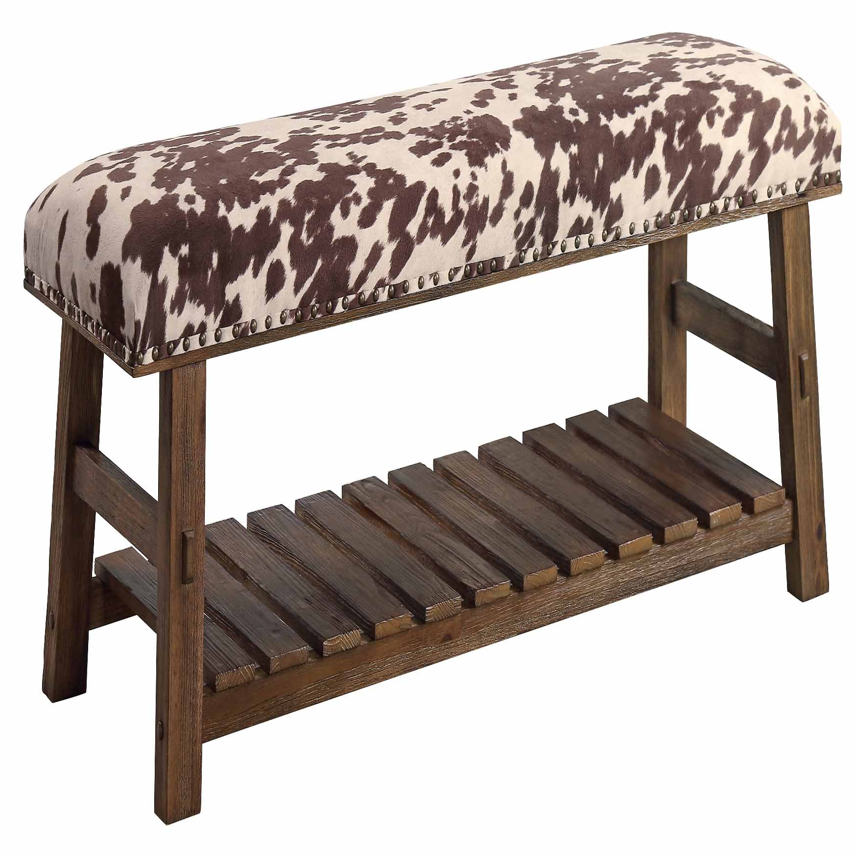 Mesquite Ranch Faux Cowhide Bench with Cushioned Seat & Stylish Slatte