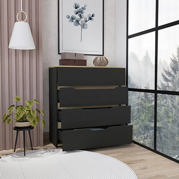 English Elm Zoe 4-Drawer Dresser with Superior Top, Black & Light Oak Finish, Easy Assembly, Space-Saving Design B20092120