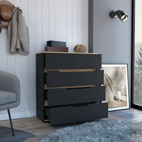 English Elm Drawer 4-Drawer Dresser 35"H Multicolor Black & Light Oak - Compact Rustic Contemporary Storage Elegance B097132890