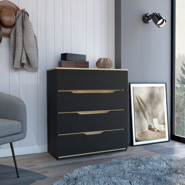 English Elm Drawer 4-Drawer Dresser 35"H Multicolor Black & Light Oak - Compact Rustic Contemporary Storage Elegance B097132890