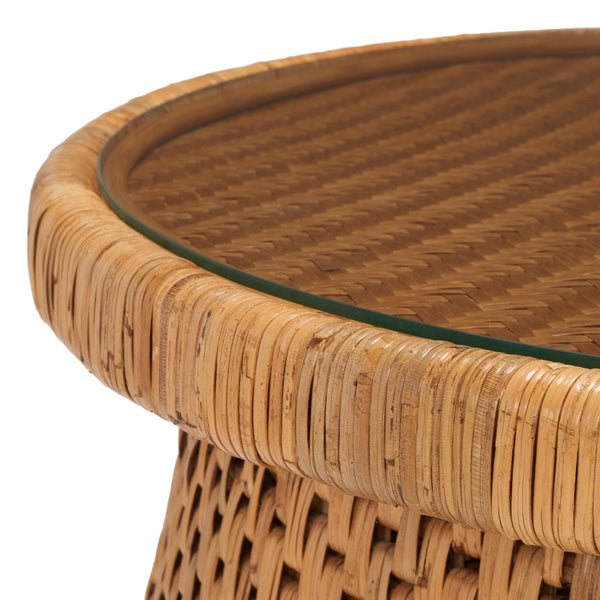 Safavieh LIANNE Rattan Round Coffee Table – Handwoven Design with Tempered Glass Top for Coastal & Boho Style CWK2002A