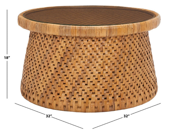 Safavieh LIANNE Rattan Round Coffee Table – Handwoven Design with Tempered Glass Top for Coastal & Boho Style CWK2002A