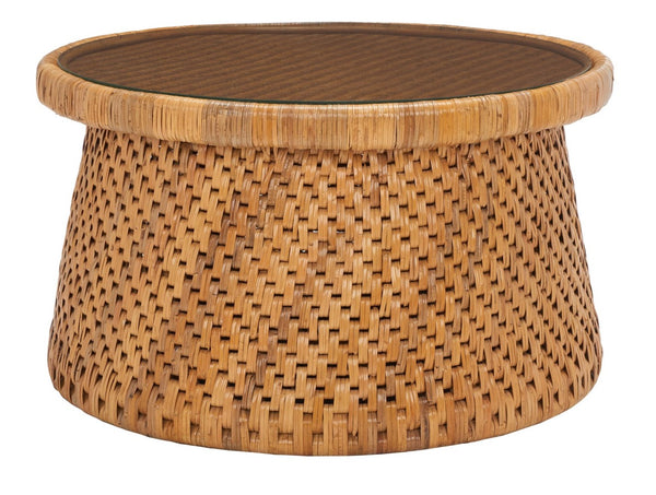 Safavieh LIANNE Rattan Round Coffee Table – Handwoven Design with Tempered Glass Top for Coastal & Boho Style CWK2002A
