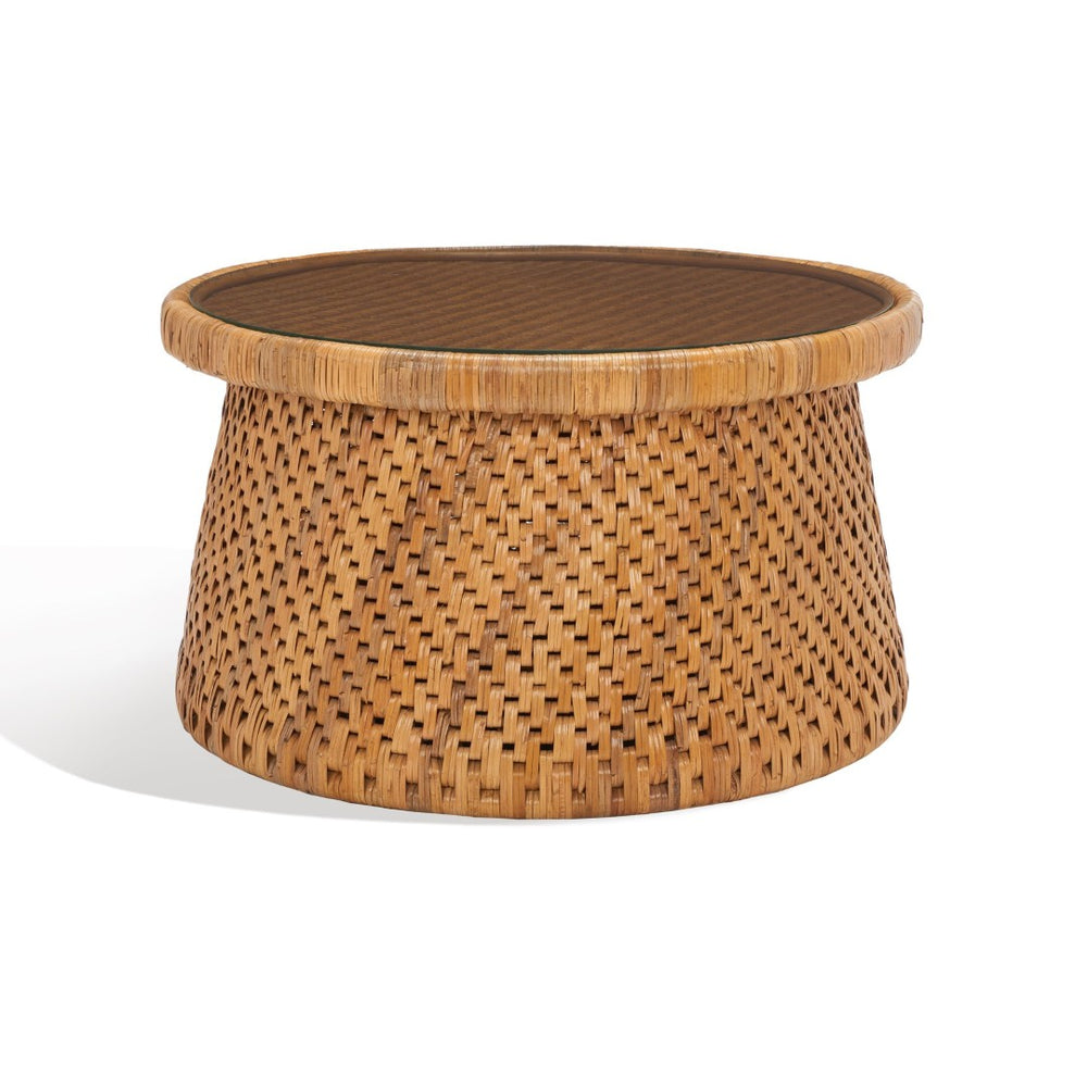 Safavieh LIANNE Rattan Round Coffee Table – Handwoven Design with Tempered Glass Top for Coastal & Boho Style CWK2002A