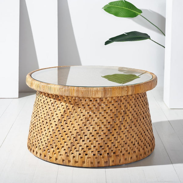 Safavieh LIANNE Rattan Round Coffee Table – Handwoven Design with Tempered Glass Top for Coastal & Boho Style CWK2002A