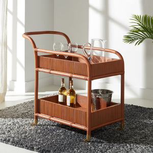 Safavieh BARNETTE Rattan Pole Bar Cart - Chic Amber Finish, Stylish Storage & Mobility for Entertaining CWK2006A