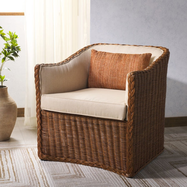 Safavieh SHARON Rattan Accent Chair - Cozy Beige Upholstered Armchair with Intricate Weave & Modern Comfort CWK2009A