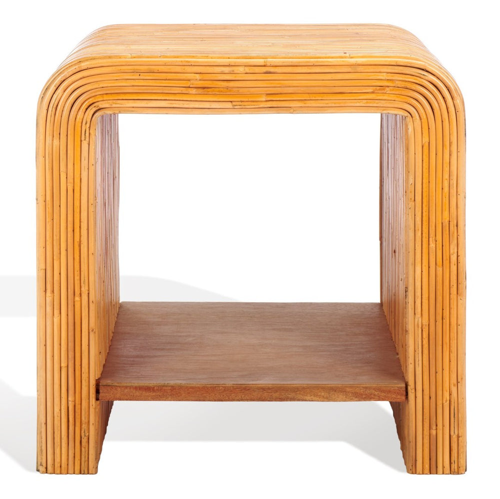 Safavieh DELLABRYN Rattan Accent Table – Natural Wood Finish with Modern Design & Mahogany Storage Shelf CWK2012A