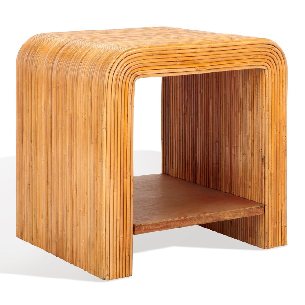 Safavieh DELLABRYN Rattan Accent Table – Natural Wood Finish with Modern Design & Mahogany Storage Shelf CWK2012A