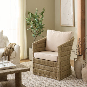 Safavieh AIKAN Woven Sea Grass Accent Chair – Coastal-Modern Design with White Upholstery & Foam Comfort CWK2017A