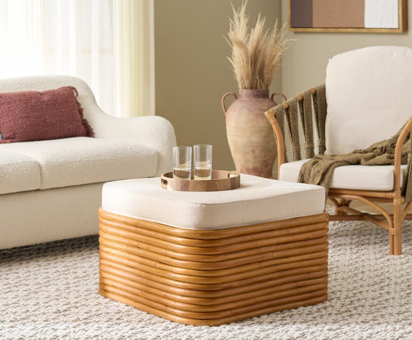 Safavieh FLANDERS Rattan Pole Cocktail Ottoman - Natural Frame with White Cushion for Versatile Living Spaces CWK2019A