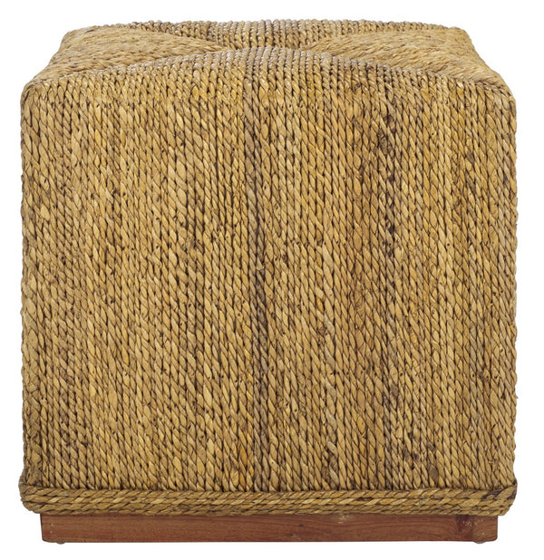 Safavieh Donnabella Woven Abaca Ottoman - Elegant Natural Décor With Customizable Touch For Your Home Natural Abaca ,Mahagony Wood Cwk2020a