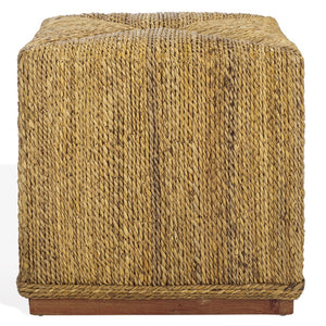 Safavieh Donnabella Woven Abaca Ottoman - Elegant Natural Décor With Customizable Touch For Your Home Natural Abaca ,Mahagony Wood Cwk2020a