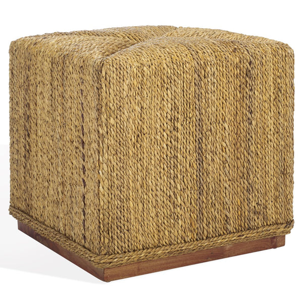 Safavieh Donnabella Woven Abaca Ottoman - Elegant Natural Décor With Customizable Touch For Your Home Natural Abaca ,Mahagony Wood Cwk2020a