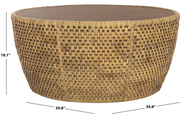 Safavieh Braylen Rattan And Glass Round Coffee Table – Rustic Elegance For Modern Living Spaces, Natural Charm Natural Rattan ,Rattan Pole ,Plywood Cwk2021a