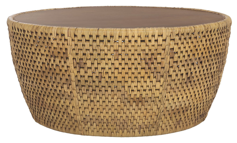 Safavieh Braylen Rattan And Glass Round Coffee Table – Rustic Elegance For Modern Living Spaces, Natural Charm Natural Rattan ,Rattan Pole ,Plywood Cwk2021a