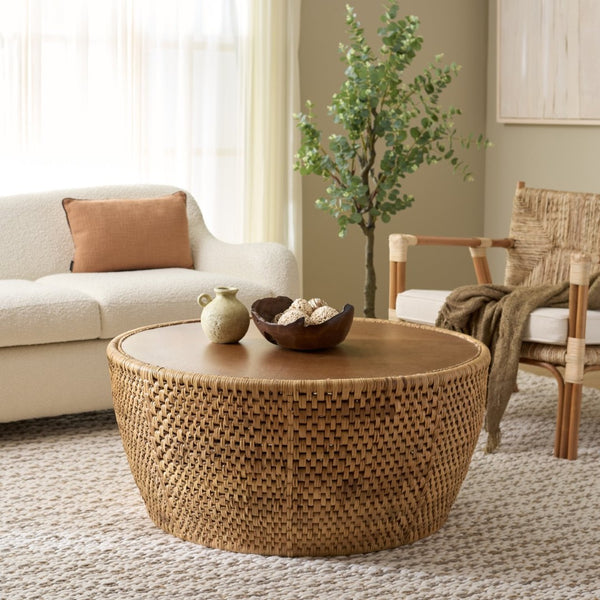 Safavieh BRAYLEN Rattan and Glass Round Coffee Table - Handcrafted Coastal Decor for Stylish Living Rooms CWK2021A