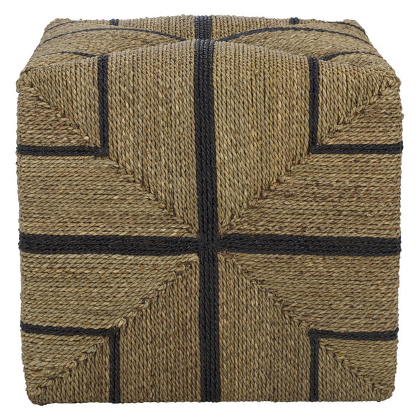 Safavieh Liatasha Woven Seagrass Ottoman - Natural & Black, Stylish Home Decor Piece For Modern Living Spaces Natural ,Black Seagrass ,Mahogany Wood Cwk2023a