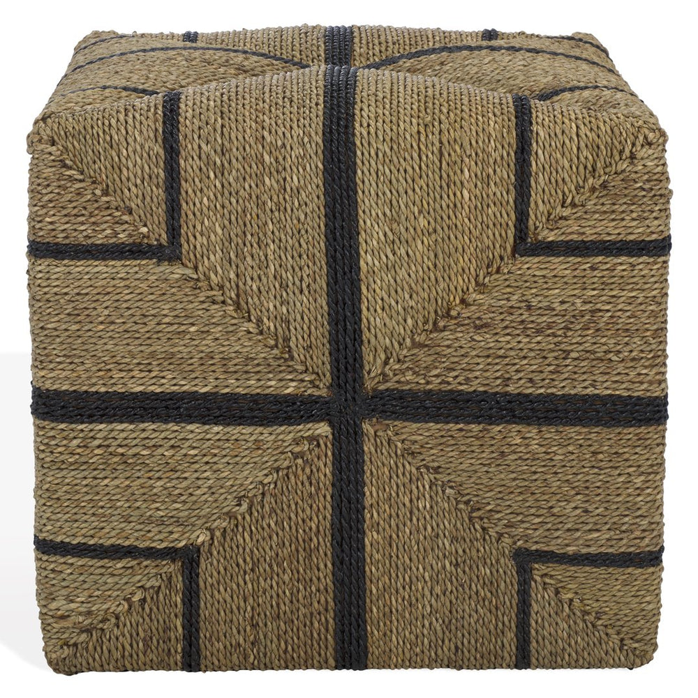Safavieh Liatasha Woven Seagrass Ottoman - Natural & Black, Stylish Home Decor Piece For Modern Living Spaces Natural ,Black Seagrass ,Mahogany Wood Cwk2023a