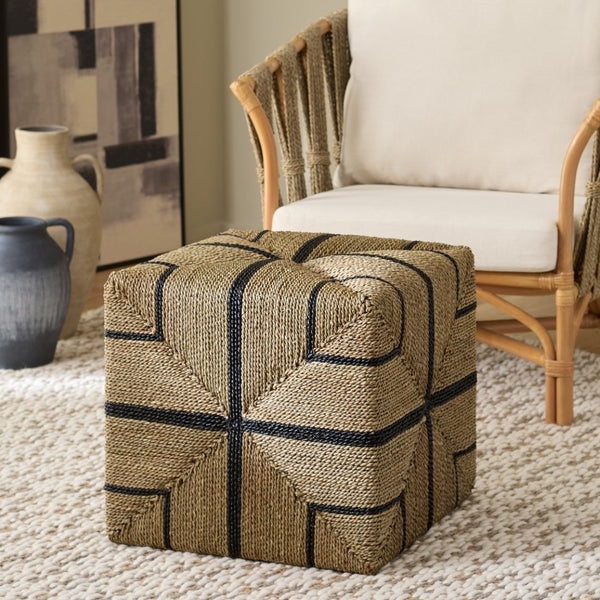Safavieh LIATASHA Woven Seagrass Ottoman - Handcrafted Natural & Black Accent for Coastal & Boho Spaces CWK2023A