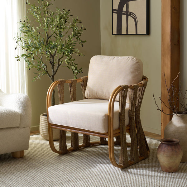 Safavieh Pennylyn Seagrass Accent Chair In Walnut & White - Elegant Design For Any Living Space Decor! Walnut ,White Rattan Pole ,Seagrass ,Fabric ,Foam Cwk2026a