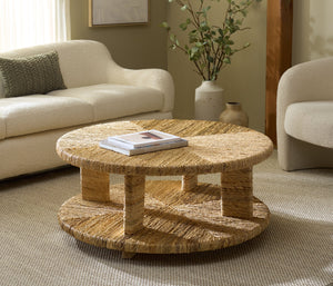 Rolando Abaca Round Coffee Table — Handwoven Texture, Solid Wood Frame, Coastal-Boho Accent Piece