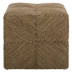 Malta Woven Seagrass Square Ottoman — Handcrafted Sustainable Wood Frame, Coastal Rustic Accent Seat