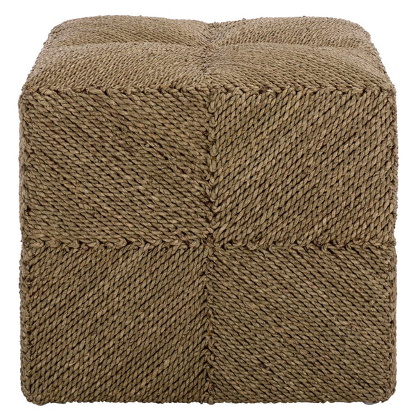 Malta Woven Seagrass Square Ottoman — Handcrafted Sustainable Wood Frame, Coastal Rustic Accent Seat